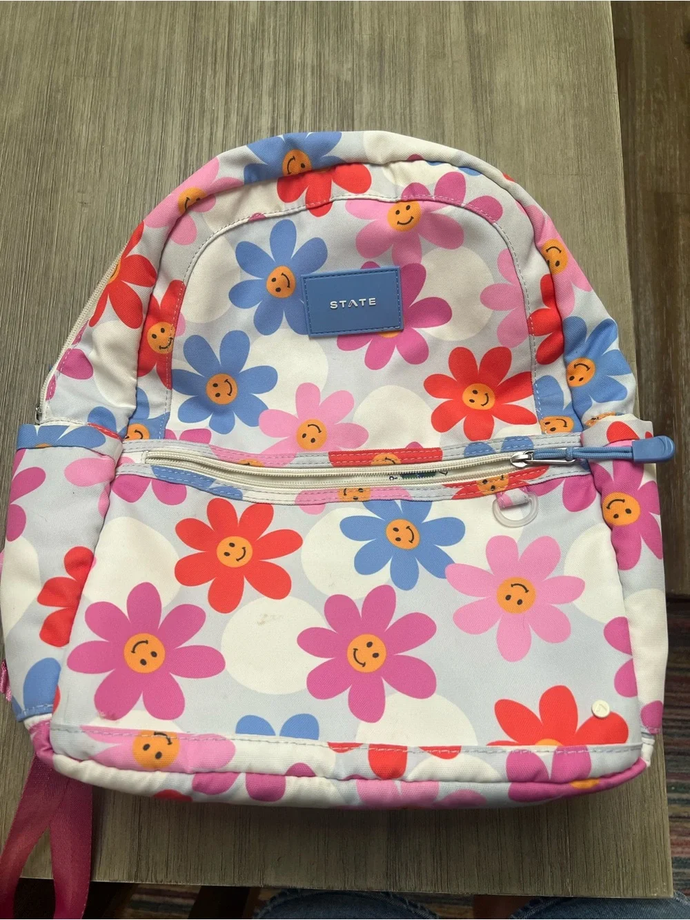 STATE Kids Backpack with Smiling Floral Print — Pink, Blue & Red